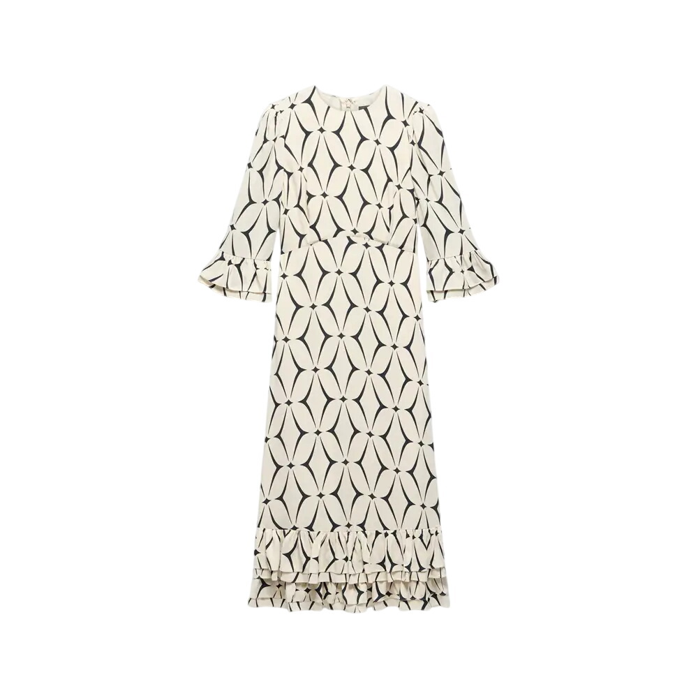 Mint Velvet Cream Geometric Print Ruffle Midi Dress